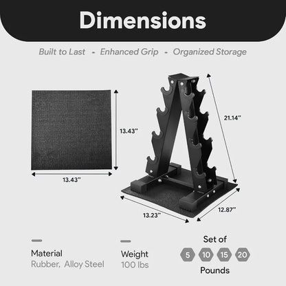Rubber Coated Hex Dumbbell Weight Set with Storage Rack for Home Gym and Fitness Training Available in 100LB 150LB or 200LB Con