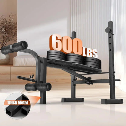 600LBS Adjustable Weight Bench with Squat Rack and Leg Extension for Full Body Home Gym Workout